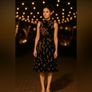 Nanette Lepore Black Floral Pleated Midi Dress – Sleeveless, Size 6